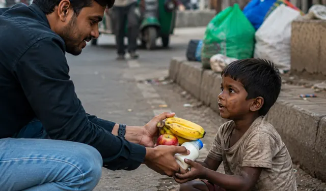 A volunteer handing food to a child